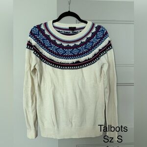 Talbots Ivory Sweater with Navy and Crimson Design